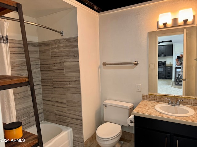 full bathroom with toilet, decorative backsplash, vanity, and shower / bath combination with curtain