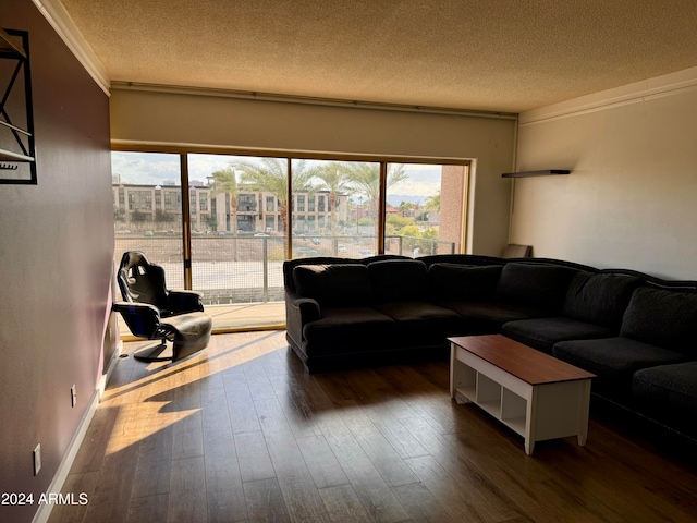 living room with dark wood-type flooring, a textured ceiling, and crown molding