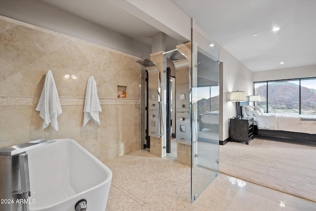 bathroom with a mountain view, sink, tile walls, and independent shower and bath