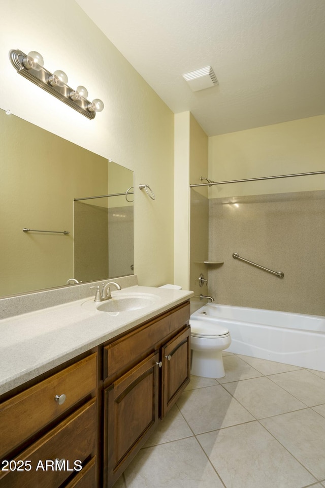 bathroom with visible vents, toilet, tile patterned flooring, shower / bath combination, and vanity