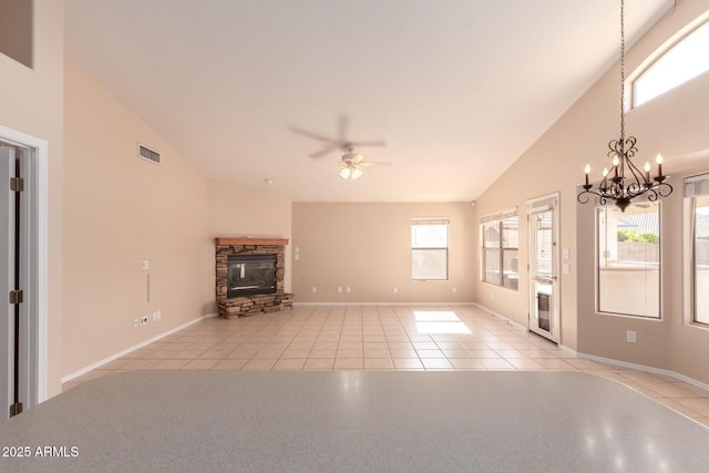 2230 E Whitten St, Chandler, AZ 85225 - unfurnished living room with a chandelier, plenty of natural light, light tile patterned floors, a ceiling fan, and high vaulted ceiling
