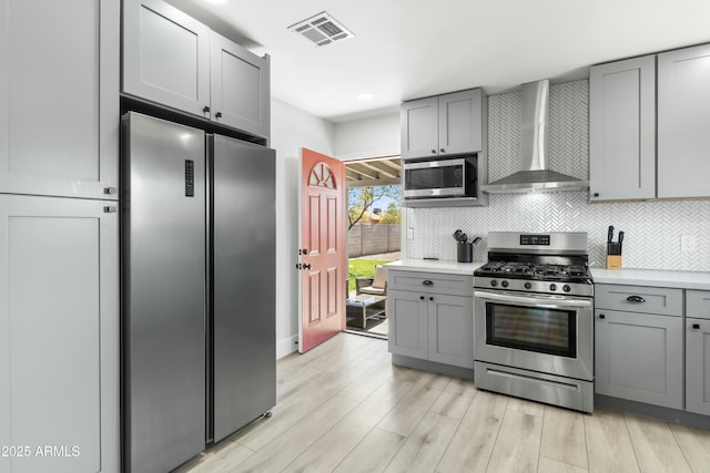 kitchen with wall chimney exhaust hood, visible vents, appliances with stainless steel finishes, and gray cabinetry