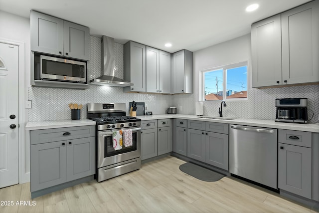 kitchen with wall chimney exhaust hood, stainless steel appliances, gray cabinetry, light wood-style floors, and a sink