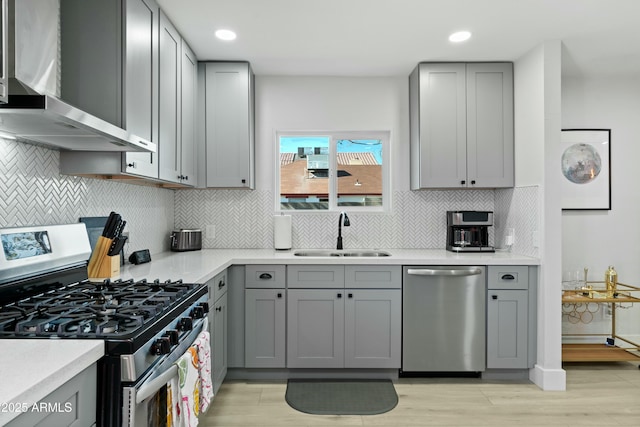 kitchen featuring a sink, light countertops, wall chimney range hood, appliances with stainless steel finishes, and gray cabinets