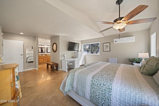1185 S Camino Cobre Dr, Wickenburg, AZ 85390 - bedroom featuring light tile patterned floors, a ceiling fan, baseboards, an AC wall unit, and recessed lighting
