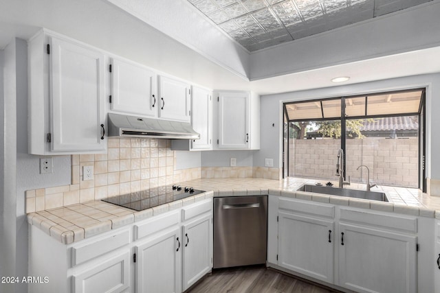 3315 E Hampton Ave, Mesa, AZ 85204 - kitchen featuring an ornate ceiling, black electric cooktop, stainless steel dishwasher, under cabinet range hood, and white cabinets