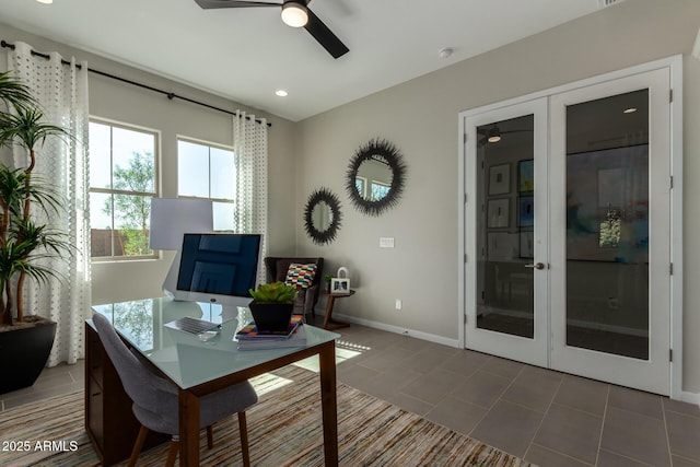 27647 N 176th Dr, Surprise, AZ 85387 - tiled office space with ceiling fan, french doors, baseboards, and recessed lighting
