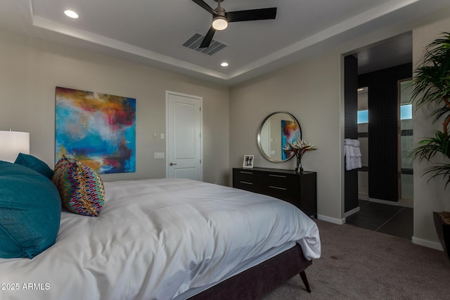 27647 N 176th Dr, Surprise, AZ 85387 - carpeted bedroom featuring a raised ceiling, recessed lighting, baseboards, and ceiling fan