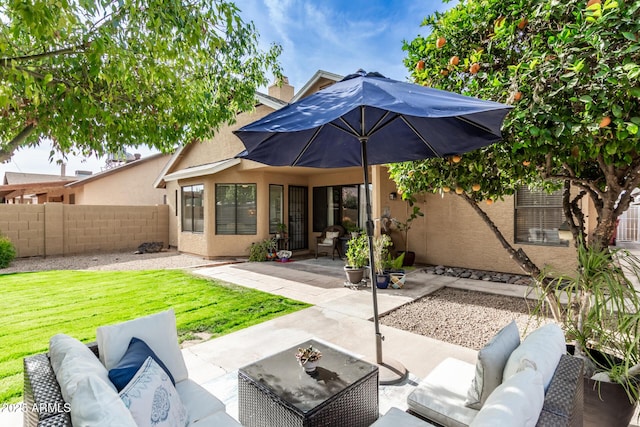 rear view of property featuring outdoor lounge area, a patio area, and a yard