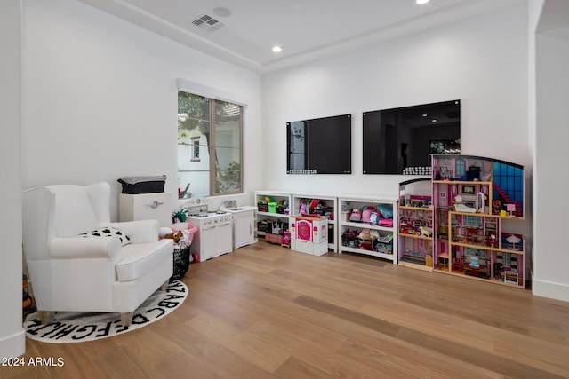 playroom featuring light wood-type flooring