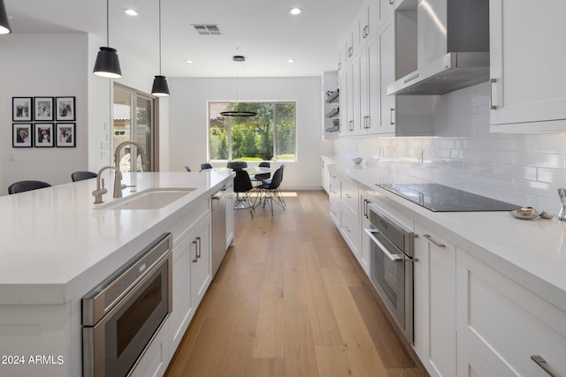 kitchen with appliances with stainless steel finishes, white cabinetry, sink, wall chimney range hood, and an island with sink