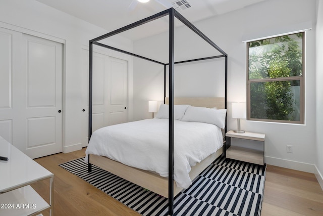 bedroom featuring two closets and light wood-type flooring