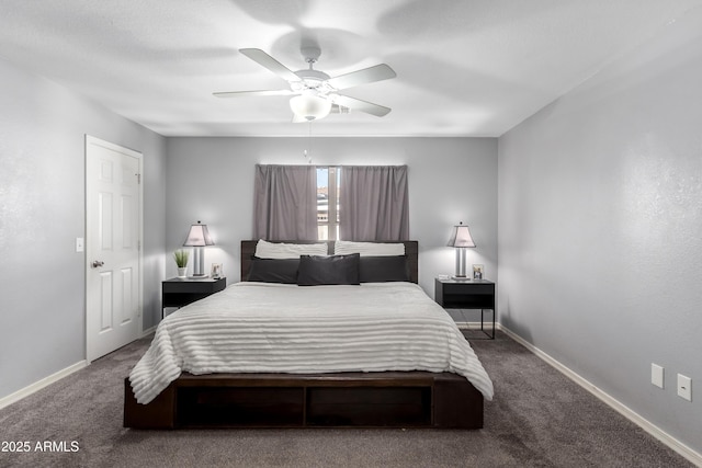 bedroom featuring ceiling fan and carpet floors