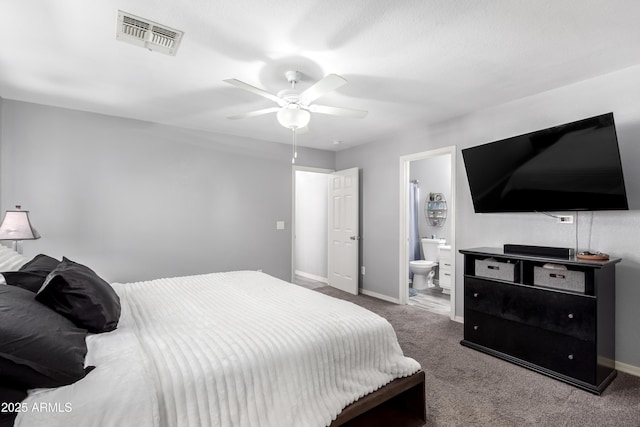 bedroom featuring carpet flooring, connected bathroom, and ceiling fan