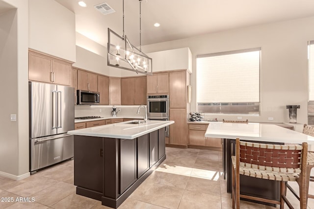 kitchen featuring appliances with stainless steel finishes, decorative light fixtures, an island with sink, sink, and decorative backsplash