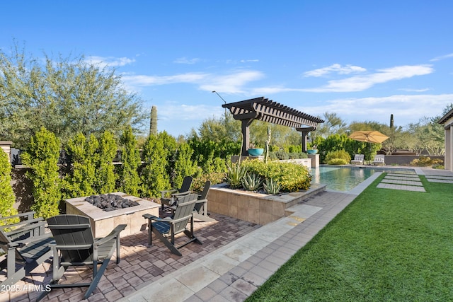 5420 E Duane Ln, Cave Creek, AZ 85331 - view of patio / terrace with a fire pit, an outdoor pool, and a pergola