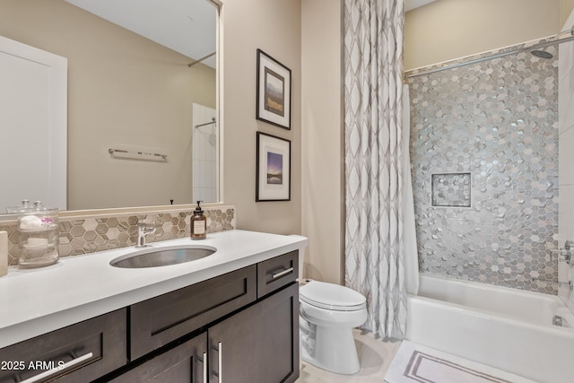 5420 E Duane Ln, Cave Creek, AZ 85331 - full bathroom with vanity, shower / bath combination with curtain, toilet, and decorative backsplash