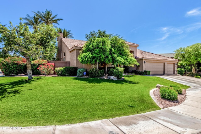 view of property hidden behind natural elements with concrete driveway, an attached garage, a front lawn, and stucco siding