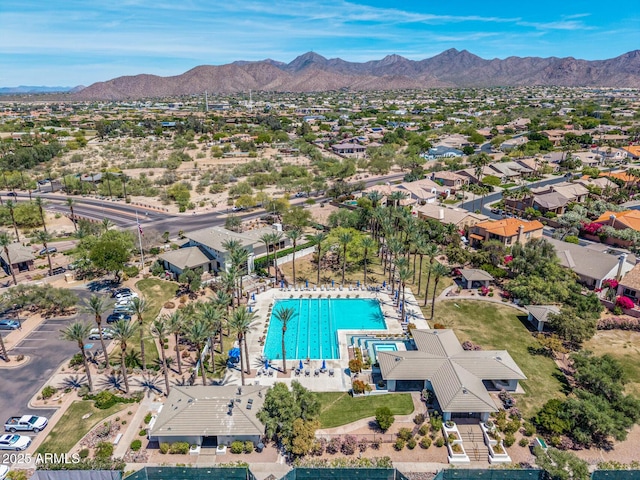 drone / aerial view featuring a mountain view