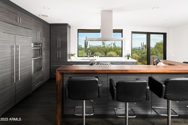 kitchen with dark hardwood / wood-style flooring, butcher block counters, a breakfast bar, and a wealth of natural light