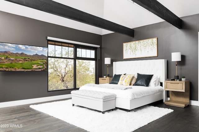 bedroom featuring dark hardwood / wood-style flooring and beam ceiling