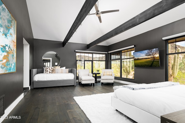 bedroom with dark wood-type flooring, beam ceiling, high vaulted ceiling, and ceiling fan