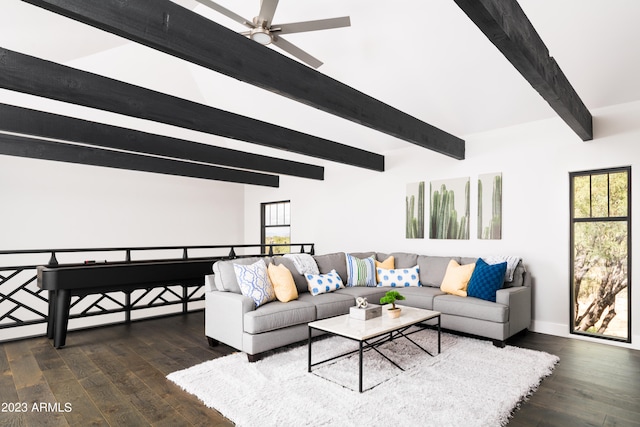 living room featuring ceiling fan, beam ceiling, and dark hardwood / wood-style floors