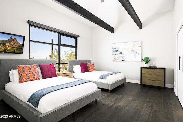 bedroom featuring dark hardwood / wood-style flooring and beamed ceiling