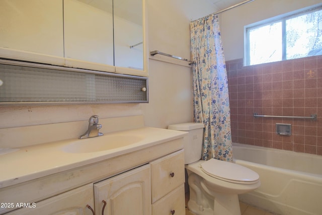 full bathroom featuring vanity, toilet, and shower / bathtub combination with curtain