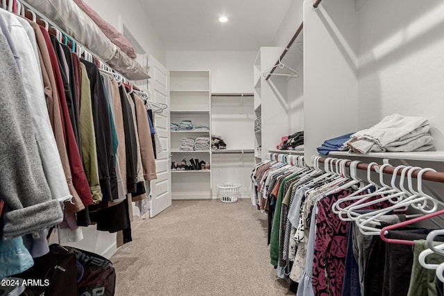 spacious closet featuring light carpet