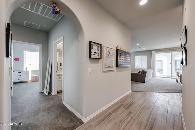 corridor with carpet floors and a wealth of natural light