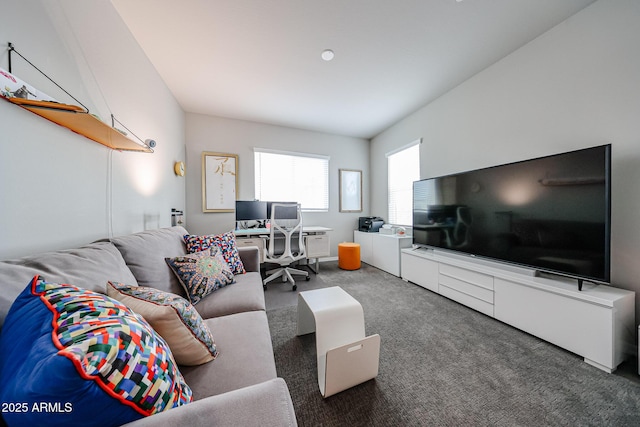 living room featuring dark colored carpet