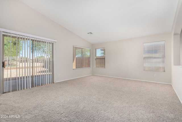 unfurnished room with lofted ceiling, a wealth of natural light, and carpet flooring