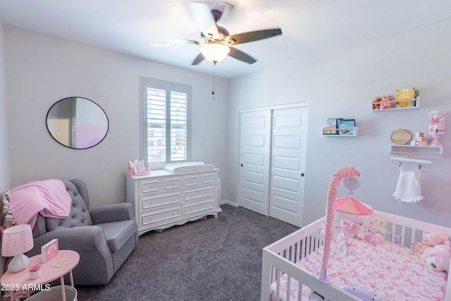 bedroom featuring a closet, dark colored carpet, and a ceiling fan