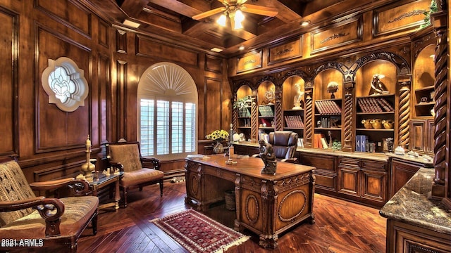 office area featuring ceiling fan, beam ceiling, wooden walls, coffered ceiling, and crown molding