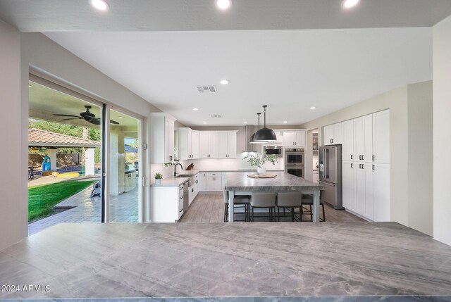 living room with ceiling fan and hardwood / wood-style floors