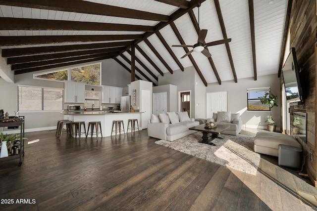 9661 W Coyote Dr, Strawberry, AZ 85544 - living room featuring high vaulted ceiling, dark wood-type flooring, beamed ceiling, and ceiling fan