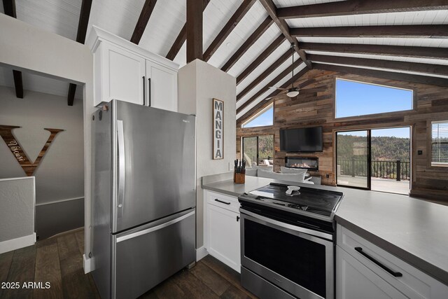 9661 W Coyote Dr, Strawberry, AZ 85544 - kitchen featuring stainless steel appliances, a glass covered fireplace, a healthy amount of sunlight, and wooden walls