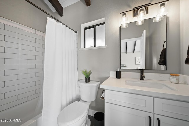 9661 W Coyote Dr, Strawberry, AZ 85544 - full bathroom featuring shower / tub combo, toilet, beam ceiling, and vanity