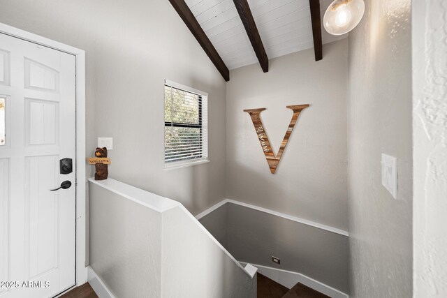 9661 W Coyote Dr, Strawberry, AZ 85544 - interior space with baseboards, vaulted ceiling with beams, and wood ceiling