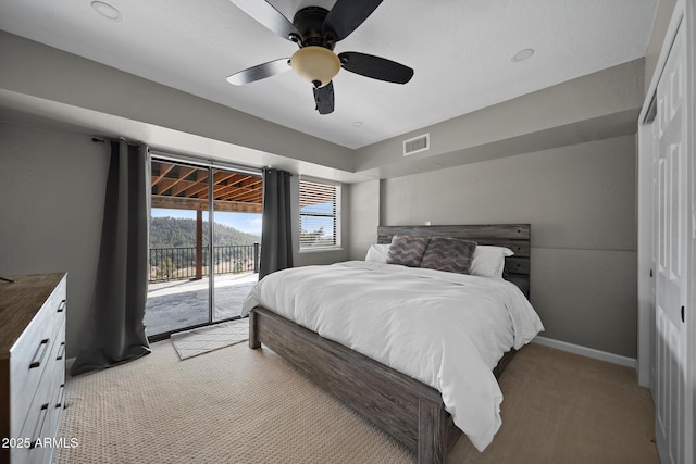 9661 W Coyote Dr, Strawberry, AZ 85544 - bedroom featuring access to outside, baseboards, visible vents, and light carpet