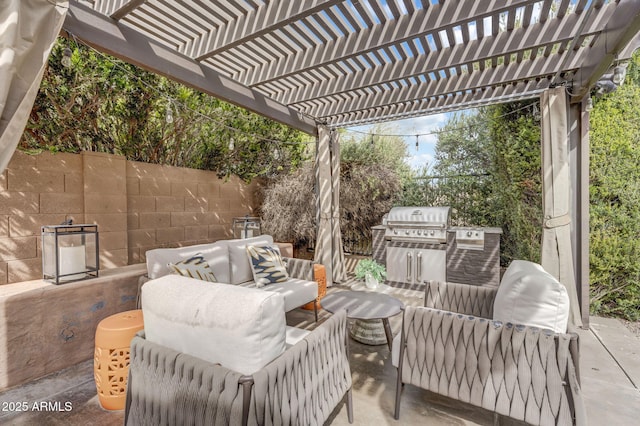 view of patio with fence, an outdoor living space, and a pergola