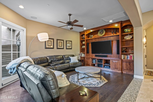 living room featuring recessed lighting, built in features, ceiling fan, and wood finished floors