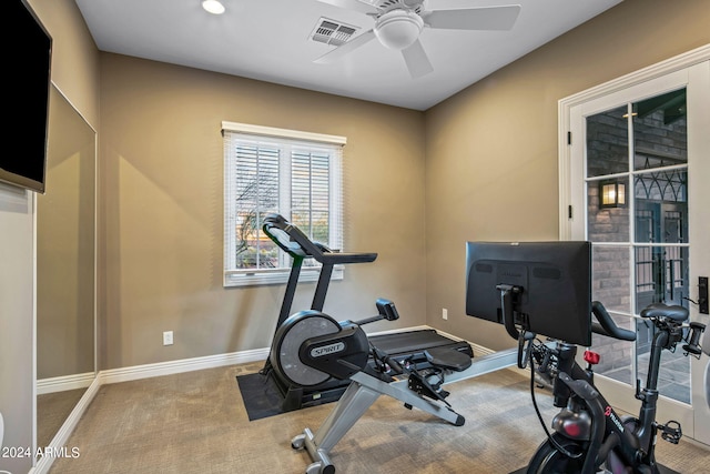 exercise area with baseboards, carpet, a ceiling fan, and visible vents