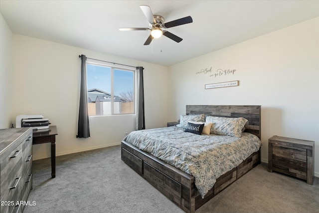 bedroom with light carpet and ceiling fan