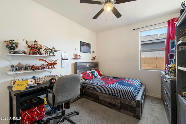 carpeted bedroom featuring ceiling fan