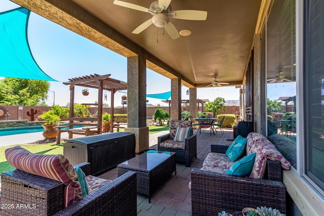 19427 W Colter St, Litchfield Park, AZ 85340 - fenced backyard featuring ceiling fan, an outdoor living space, a pergola, and outdoor dining area