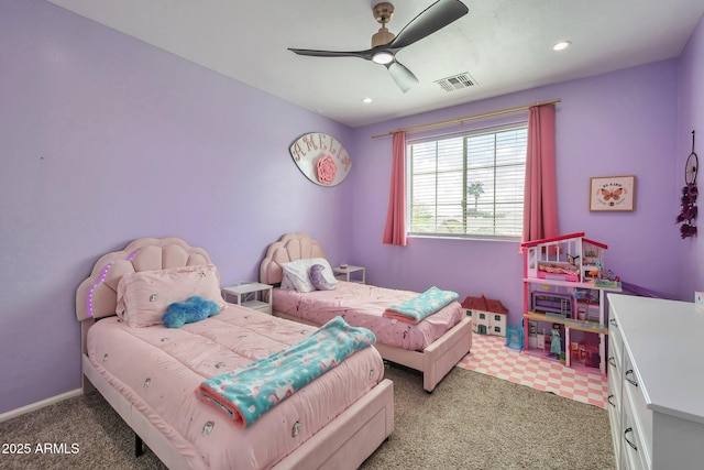 2210 W Goldmine Mountain Dr, Queen Creek, AZ 85144 - bedroom featuring baseboards, recessed lighting, a ceiling fan, visible vents, and light colored carpet