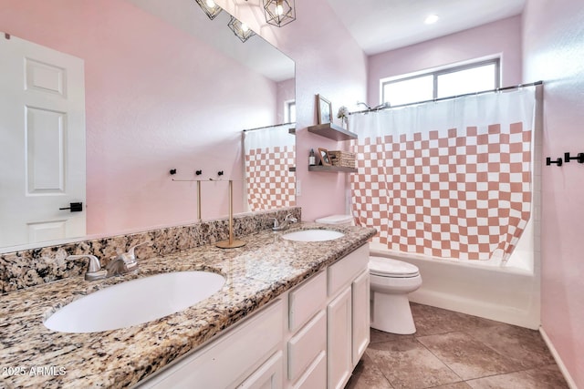 2210 W Goldmine Mountain Dr, Queen Creek, AZ 85144 - full bathroom featuring double vanity, shower / bath combination with curtain, a sink, and toilet
