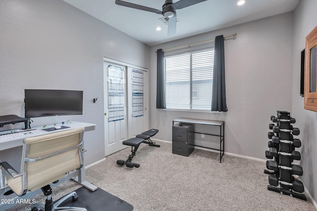 2210 W Goldmine Mountain Dr, Queen Creek, AZ 85144 - exercise room with carpet floors, baseboards, a ceiling fan, and recessed lighting